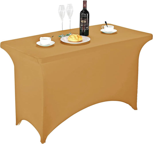 FORLIFE Spandex Table Covers，Fitted Tablecloth for Rectangular Tables, Stretch Patio Table Covers, Universal Spandex Table Cover for Wedding, Banquet, Party (4ft, Gold)