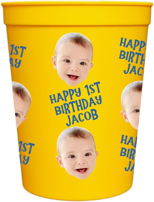 Custom Stadium Cups with Photo – Personalized 16oz Cups with Text – Printed on Cup – Choose Cup Color, Text Color, Quantity and More – Party Favor for Birthdays & Events (Face Wrap)