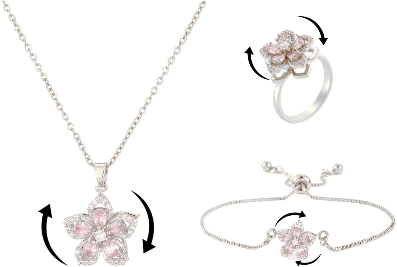 Necklace for Women Gold Flower Fidget Necklace Rotatable Crystal Silver Blossom Pendant Necklaces Adjustable Spinning Fidget Necklaces Redbud Flower Choker Funny Gift Jewelry