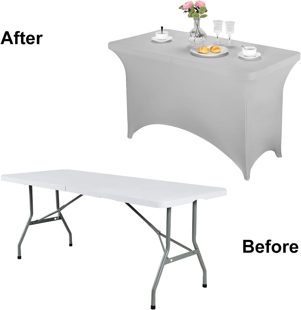 FORLIFE 2Pack Spandex Table Covers，Fitted Tablecloth for Rectangular Tables, Stretch Patio Table Covers, Universal Spandex Table Cover for Wedding, Banquet, Party (4ft, Silver)