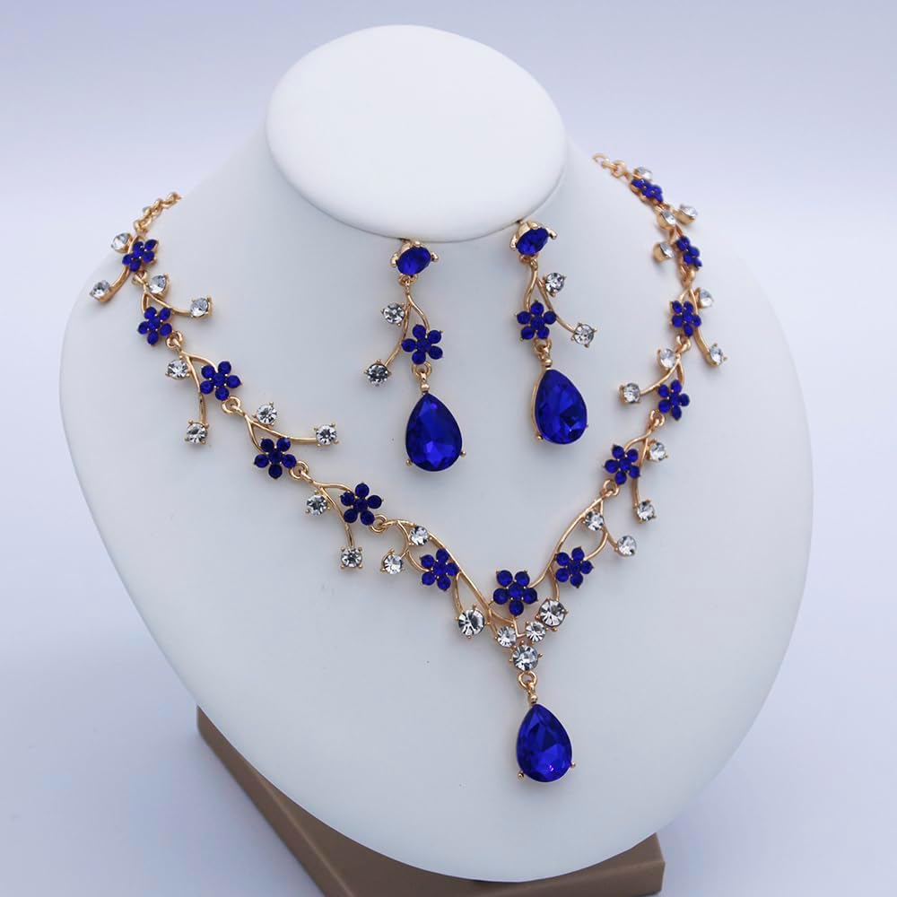 Jewelry Sets for Women Wedding Flower Necklace and Dangle Earrings Gold-Plated Rhinestones Teardrop Pendants Necklace Set for Bridal Party Accessories