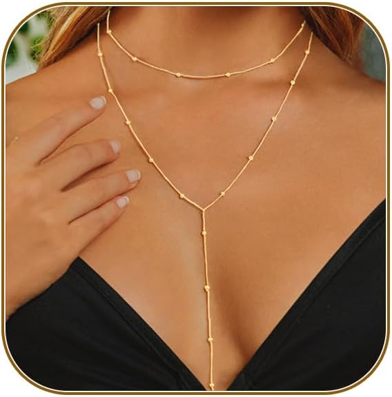 Lariat Gold Necklace for Women, Dainty Long Necklace 14k Gold Plated/Silver Y-Shaped Layered Beaded Chain Drop Necklaces for Women Trendy Simple Gold Jewelry for Women Gifts