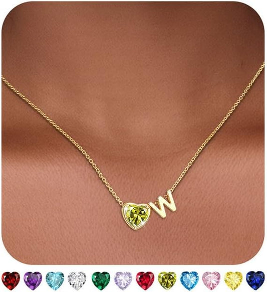 Heart Birthstone Initial Necklace for Women Girls,14K Gold Plated Heart Letter A-Z Necklace Dainty Birthday Trendy Jewelry Gifts for Women Girls Daughter