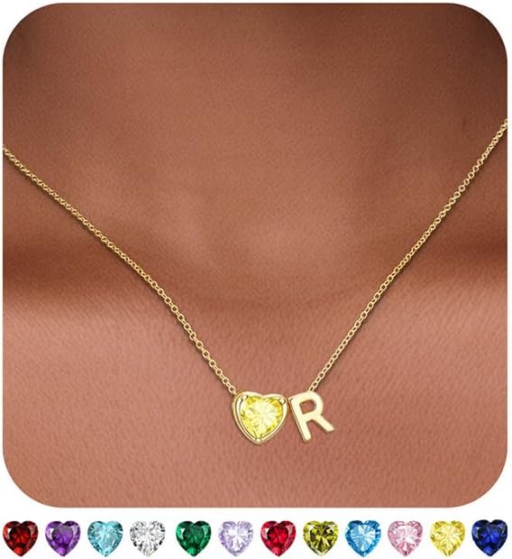 Heart Birthstone Initial Necklace for Women Girls,14K Gold Plated Heart Letter A-Z Necklace Dainty Birthday Trendy Jewelry Gifts for Women Girls Daughter