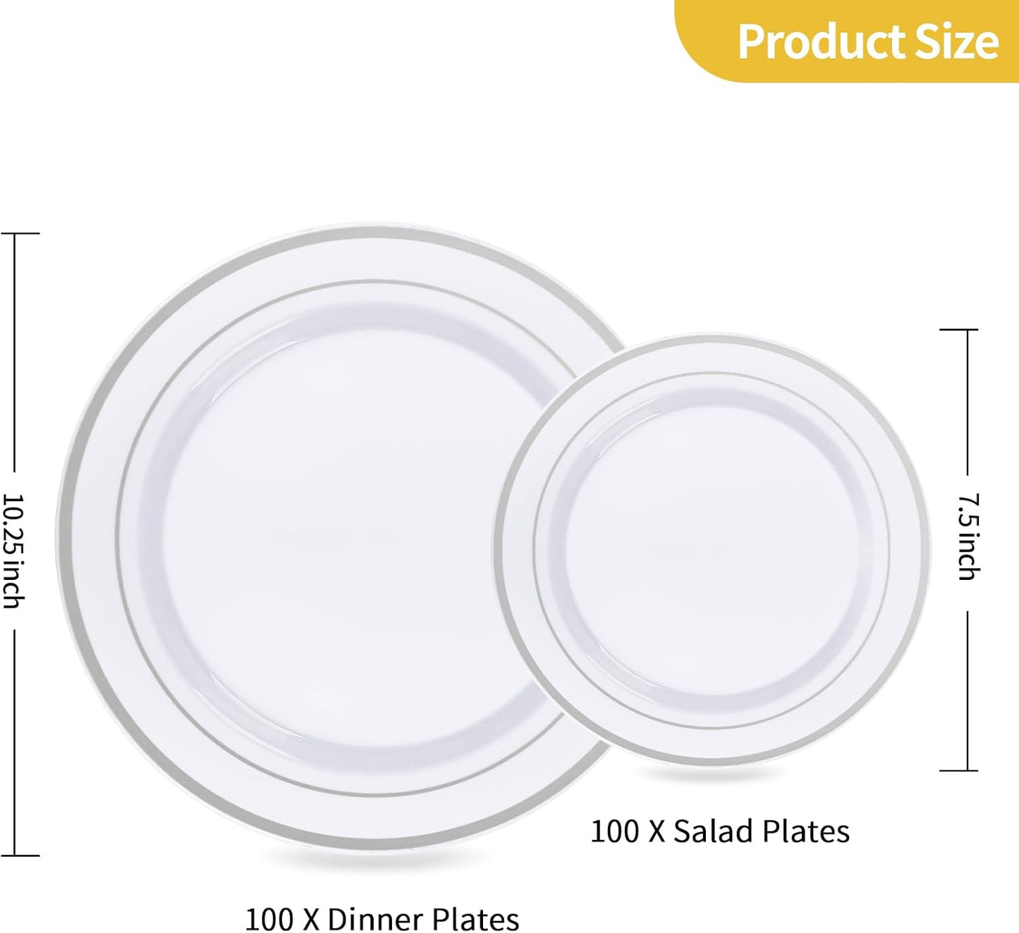 Goodluck 200PCS Silver Plastic Plates, Heavy Duty Disposable Gold Plates with 100 10.25 inch Dinner Plates and 100 7.5 inch Dessert Plates, Disposable Plates for Party, Holiday, Wedding, Christmas