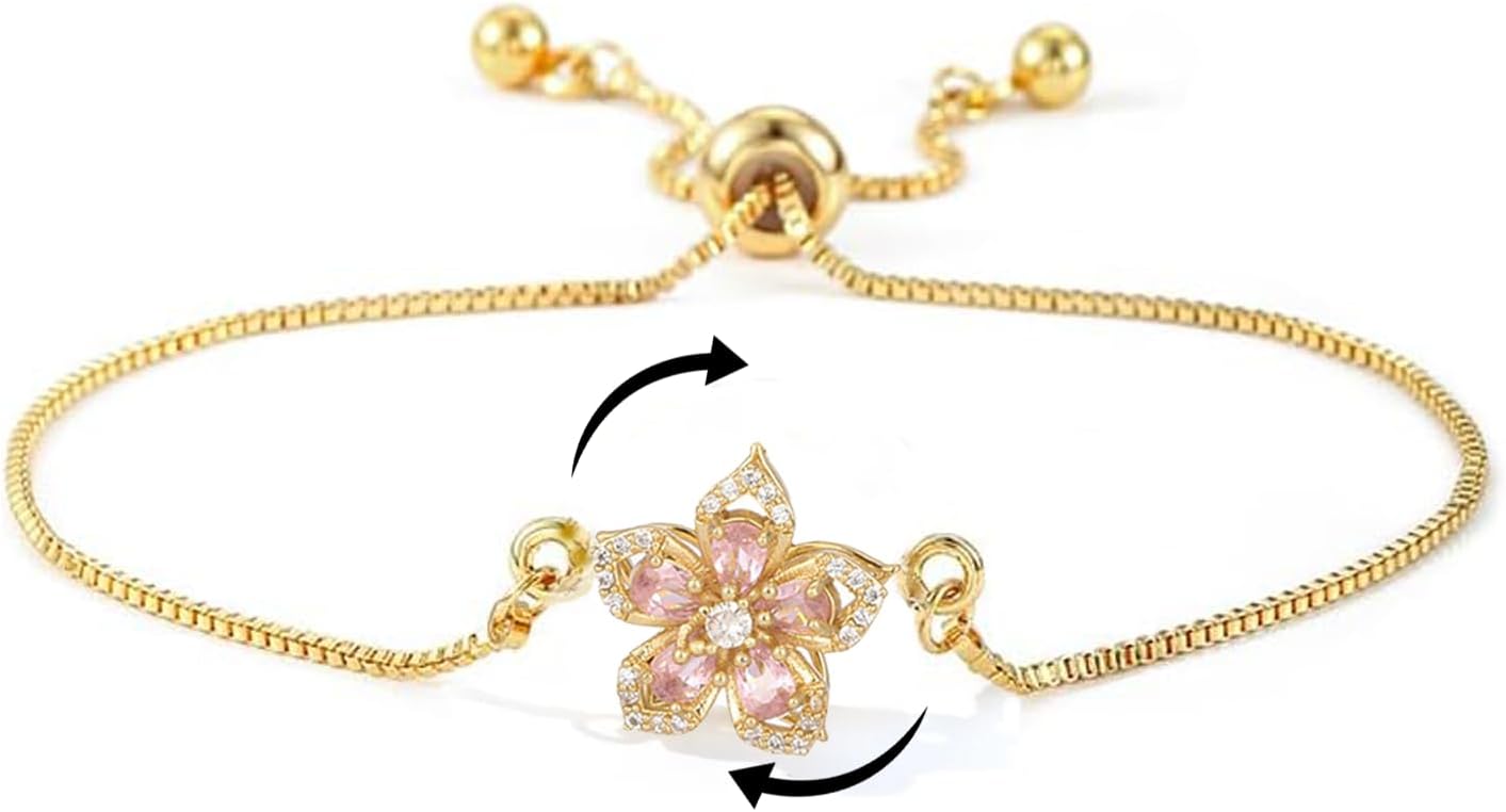 Necklace for Women Gold Flower Fidget Necklace Rotatable Crystal Silver Blossom Pendant Necklaces Adjustable Spinning Fidget Necklaces Redbud Flower Choker Funny Gift Jewelry