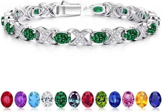 Iefil Oval Birthstone Bracelets for Women, Sterling Silver Tennis Bracelets Unique X O Design Fine Jewelry Christmas Gifts Anniversary Birthday Gifts for Her Birthstone Jewelry for Wife Mom Grandma