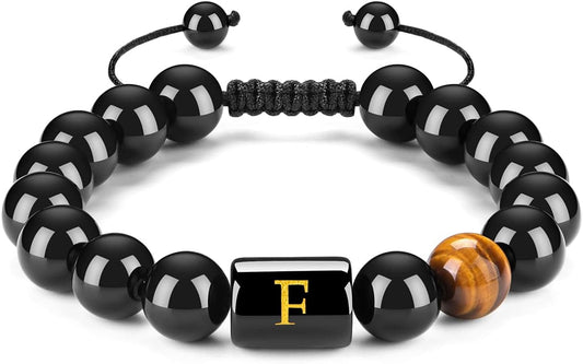 FRG Initials Bracelets for Men Letter Link Handmade Natural Black Onyx Tiger Eye Stone Beads Braided Rope Meaningful Bracelet