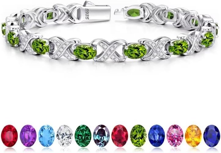Iefil Oval Birthstone Bracelets for Women, Sterling Silver Tennis Bracelets Unique X O Design Fine Jewelry Christmas Gifts Anniversary Birthday Gifts for Her Birthstone Jewelry for Wife Mom Grandma