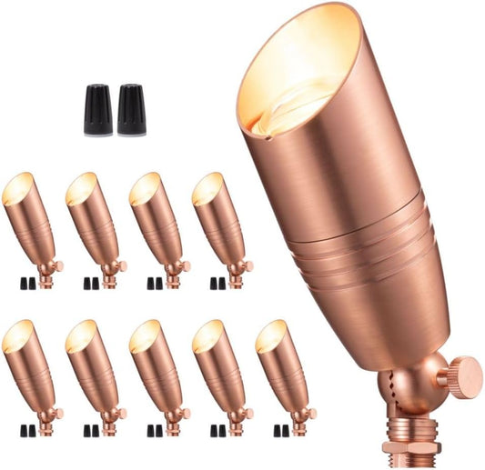 Gardenreet Low Voltage Spotlight LED - 12V Copper Outdoor Light Fixture Weather Proof, Brass Landscape Lights Bullet, Hardwired Coastal for Flag Sign Without Bulbs (10 Pack)