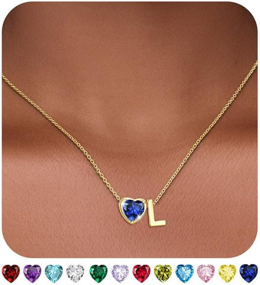 Heart Birthstone Initial Necklace for Women Girls,14K Gold Plated Heart Letter A-Z Necklace Dainty Birthday Trendy Jewelry Gifts for Women Girls Daughter