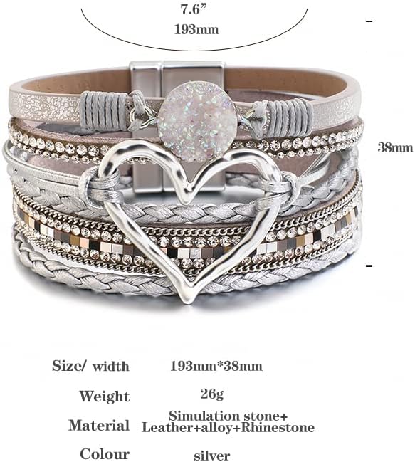 Leather Wrap Bracelet for Women Beaded Cuff Bracelet with Heart-shape Decor Bohemian Crystal Bracelet Jewelry with Clasp Bangle Bracelet for Women Girls Birthday Holiday Gift