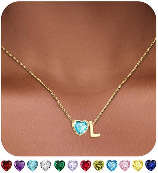 Heart Birthstone Initial Necklace for Women Girls,14K Gold Plated Heart Letter A-Z Necklace Dainty Birthday Trendy Jewelry Gifts for Women Girls Daughter