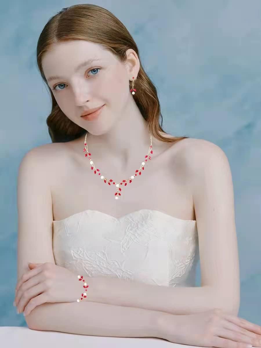 Luxury Cubic Zirconia Aurtrian Crystal Pearl Floral Necklace Dangle Earrings Wedding Bridal Jewelry Set Birthday Gifts for Her