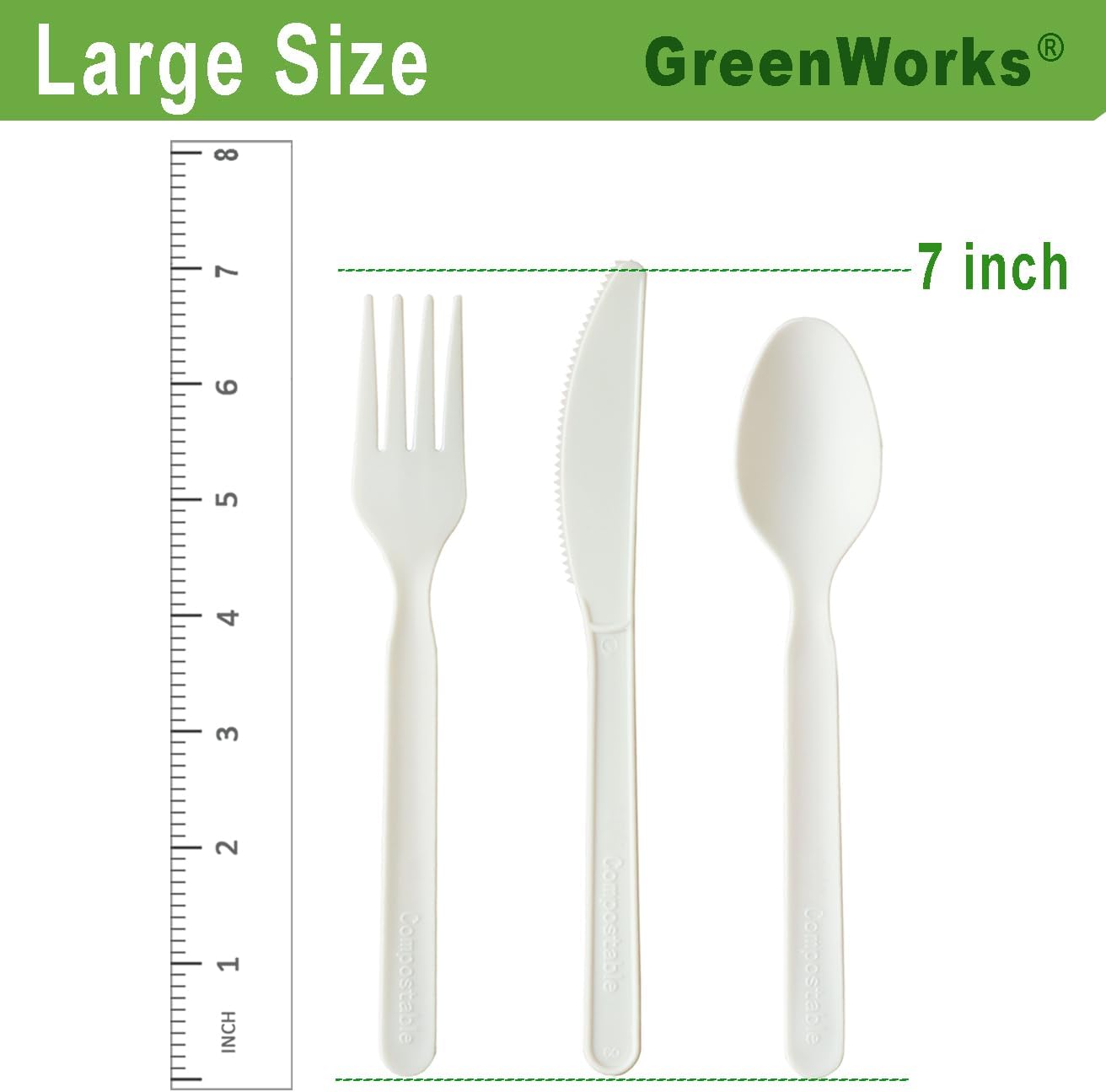 GreenWorks 150 Count 7" Heavy-duty Compostable Utensils,50 Forks 50 Spoons 50 Knives Cutlery Set,BPI Certified Large Disposable Flatware Set