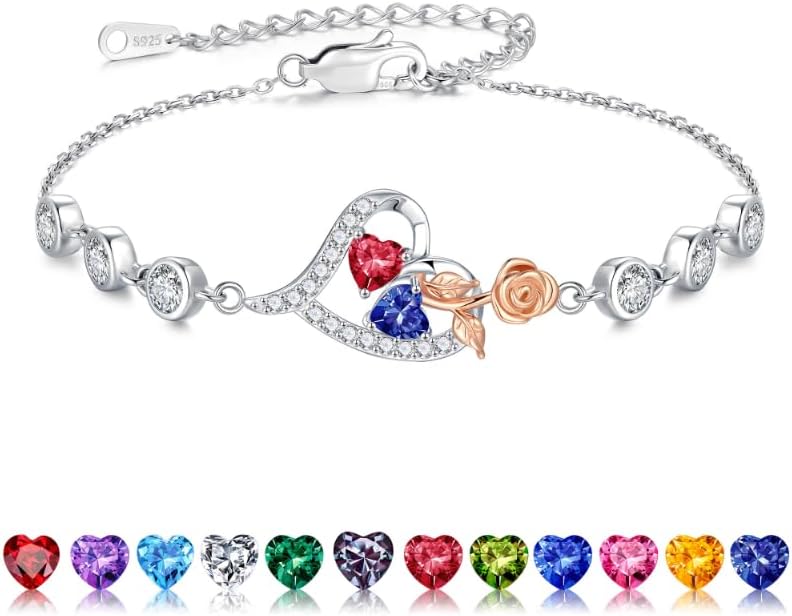 Iefil Christmas Gifts for Women - Birthstone Bracelet for Women, 925 Sterling Silver Rose Heart Charm Bracelets, Anniversary Birthday Gifts for Women Wife Mom Daughter, 6"+2"