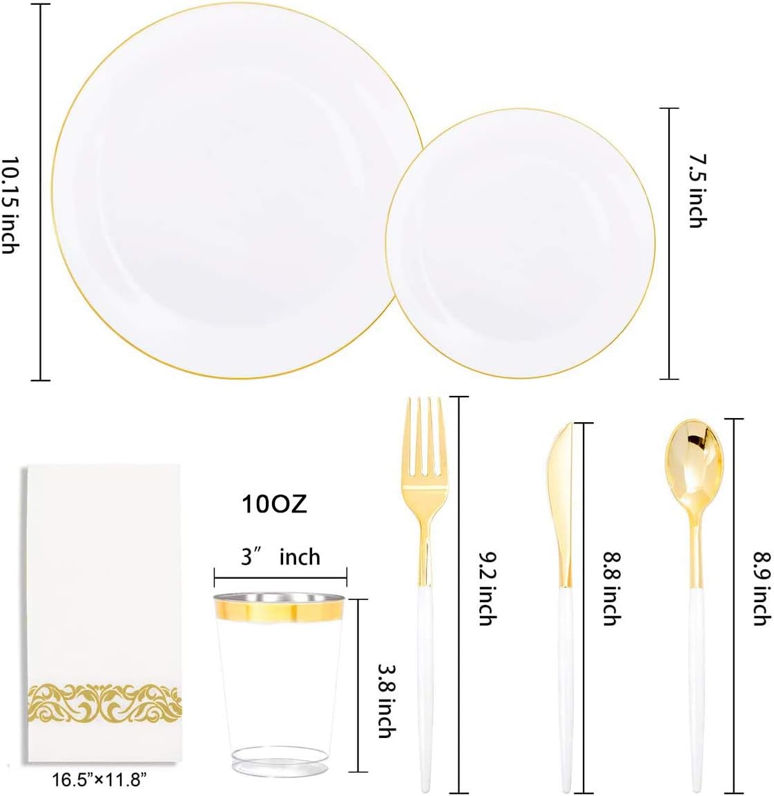 Supernal 350pcs Gold Plastic Dinnerware Set for 50 Guests,Fancy Disposable Plates for Party,Gold Plastic Silverware with White Handle,Disposable White Plates Wedding,Birthday