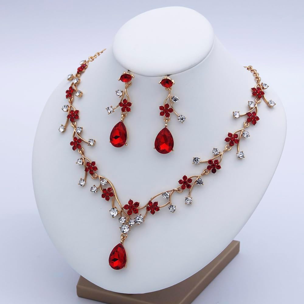 Jewelry Sets for Women Wedding Flower Necklace and Dangle Earrings Gold-Plated Rhinestones Teardrop Pendants Necklace Set for Bridal Party Accessories