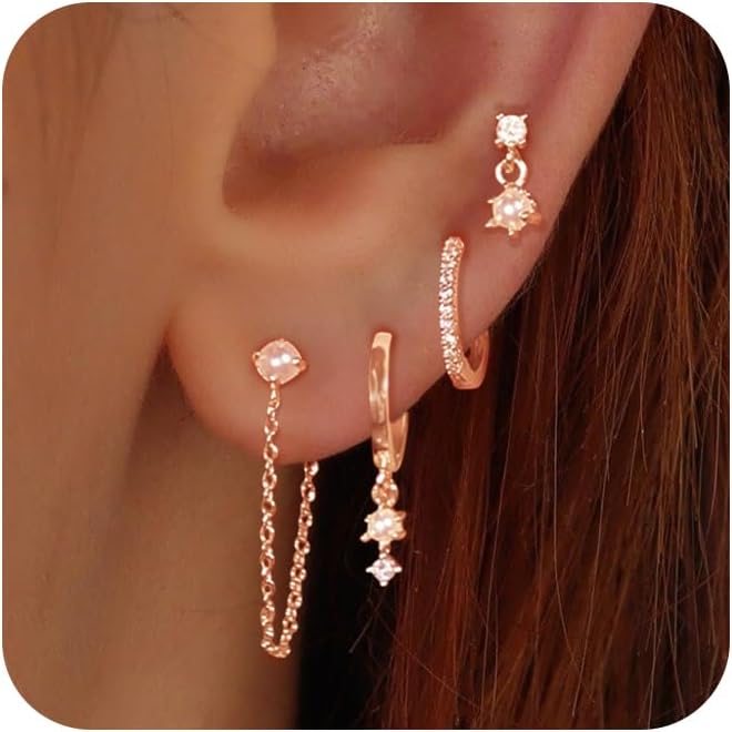 Gold Earrings for Women, 14k Gold Plated Dangle Huggie Earrings for Women Trendy Dainty Gold Hoop Earring Stacks Hypoallergenic Pearl Chain Drop Cartilage Earring Fashion Womens Jewelry