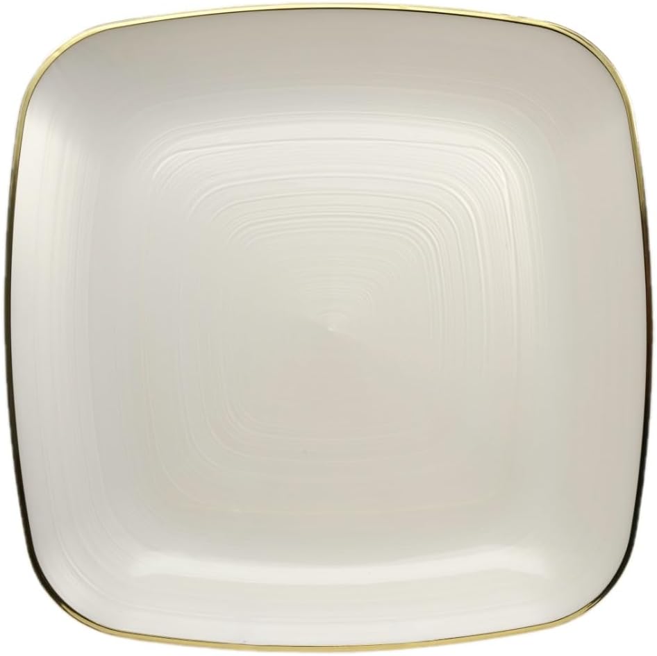 " OCCASIONS " 50 Plates Pack (25 Guests)-Wedding Party Disposable Plastic Plate Set -25 x 10'' Dinner + 25 x 7'' Salad & Dessert plates (Belize Square in Ivory & Gold)
