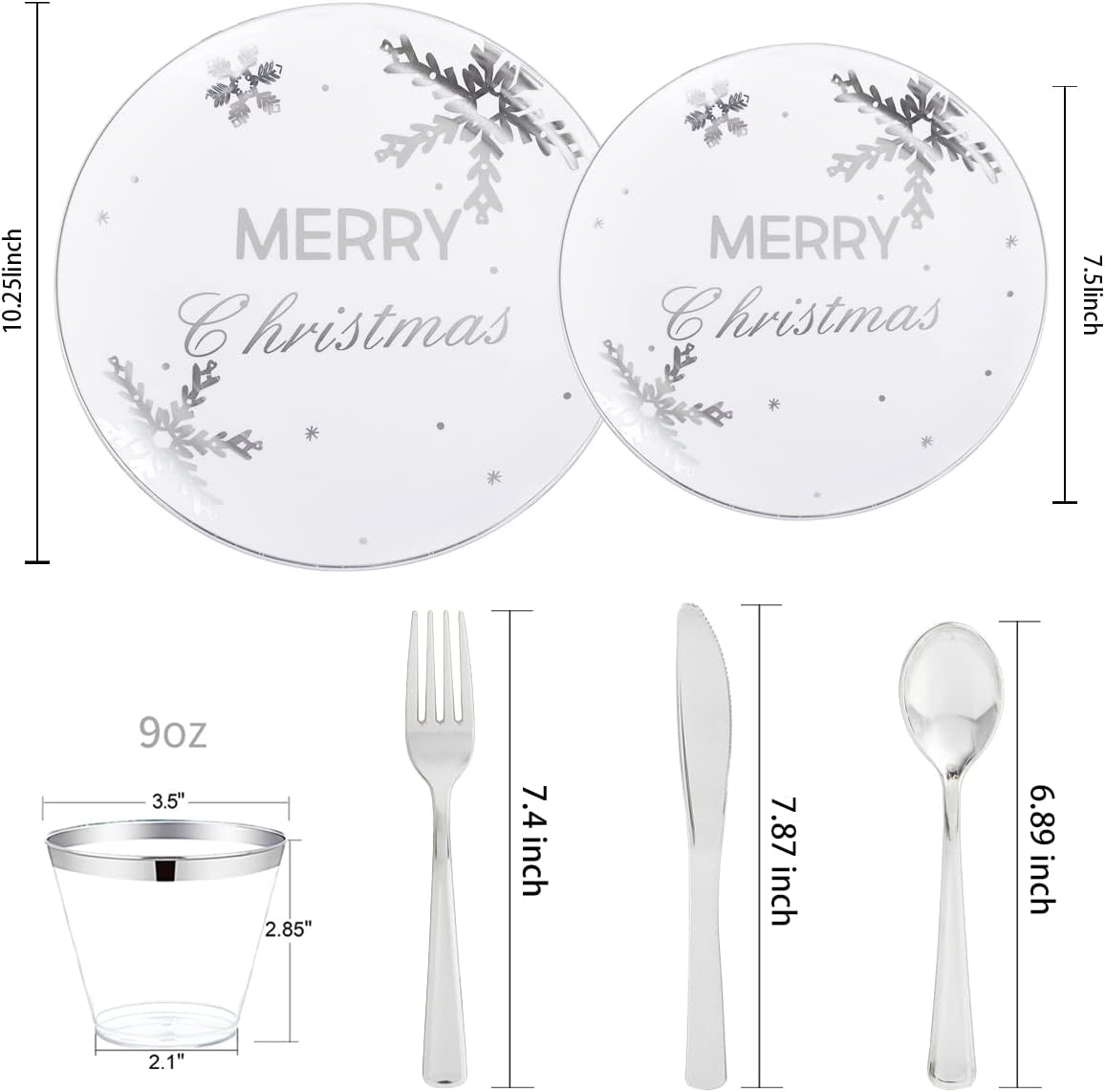 KIRE 25 Guest Christmas Plates - White Plastic with Silver Snowflake Design, Disposable Silverware & Clear Cups for Christmas Party Supplies