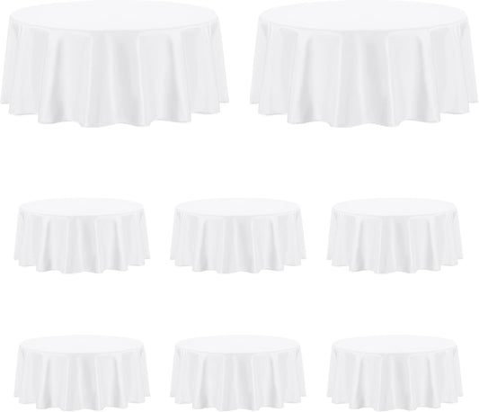 PureFit 8 Pack Round White Table Cloths 120 Inch for Round Tables, Stain and Wrinkle Resistant Table Linens for Home Use, Wedding, Party, Banquet and Camping
