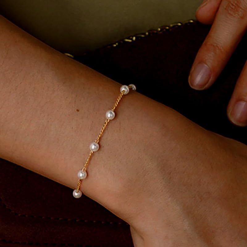 Gold Jewelry Set for Women - Dainty 14K Gold Plated Pearl Necklace and Earring Set with Drop Earrings, Bracelets, Choker Necklace - Wedding Jewelry Gift