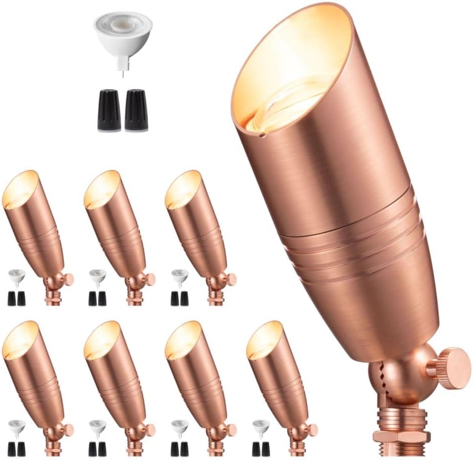 Gardenreet Spot Light Brass - Outdoor Landscape Spotlights LED, 12V Low Voltage Landscaping Uplights, Hard-Wired All Weather Copper for Backyard Lawn with Day Light Changeable Bulbs (8 Pack)