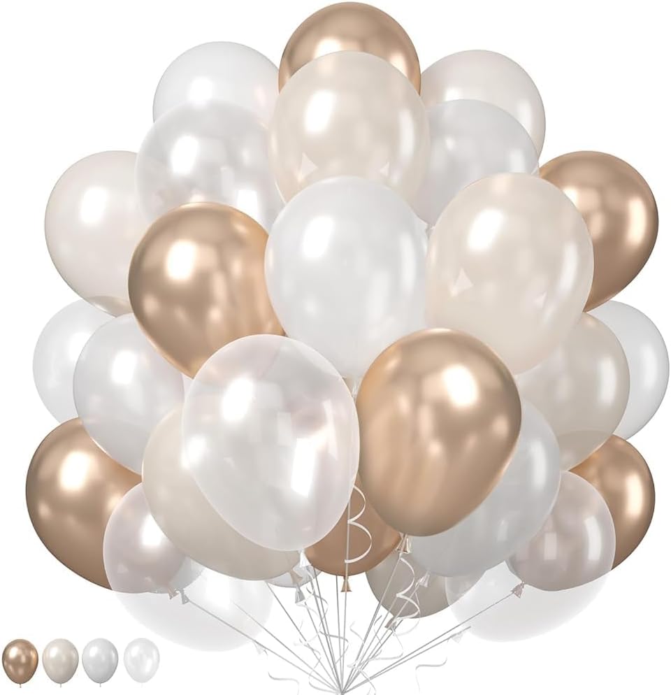 Nude White Gold Balloons, 50PCS 12inch Pearl Balloon Metallic Champagne Gold Sand Pearl White Clear Balloons for Girls Wedding Anniversary Bachelorette Party Bridal Shower Birthday Decorations
