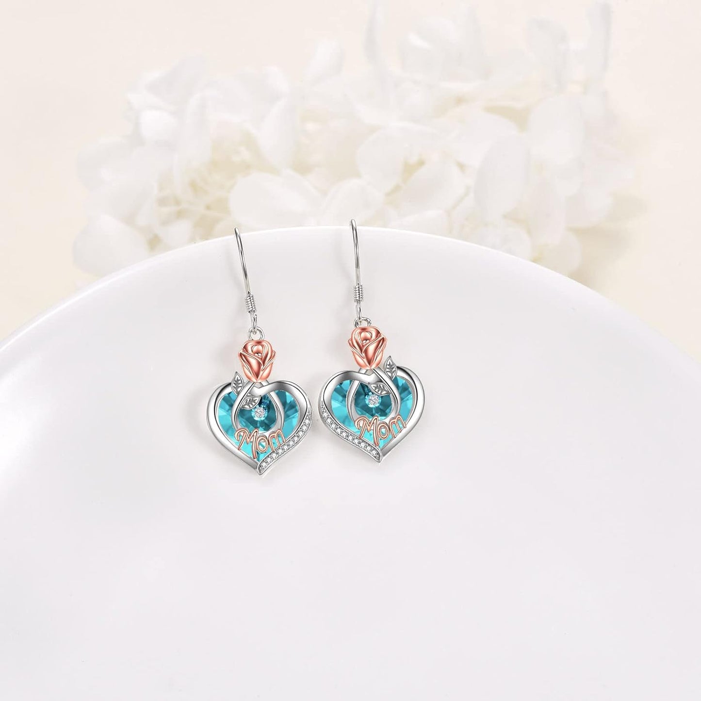 Mom Earrings with Rose Flower Love Heart 925 Sterling Silver Crystal Dangle Drop Hook Earrings Jewelry