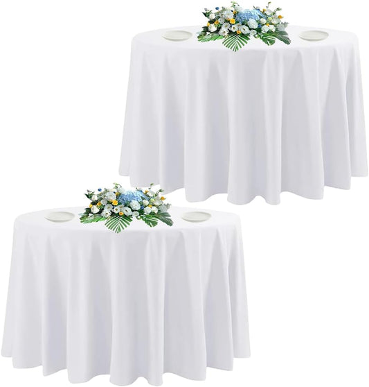 2 Pack Round Tablecloth White 120 Inch, Stain Resistant and Wrinkle Polyester Fabric, Washable Table Cover for Kitchen Dining, Wedding, Buffet Table, Holiday Party