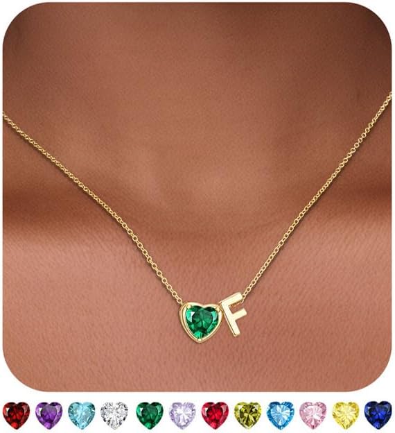 Heart Birthstone Initial Necklace for Women Girls,14K Gold Plated Heart Letter A-Z Necklace Dainty Birthday Trendy Jewelry Gifts for Women Girls Daughter
