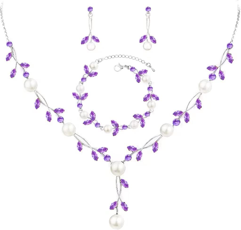 Luxury Cubic Zirconia Aurtrian Crystal Pearl Floral Necklace Dangle Earrings Wedding Bridal Jewelry Set Birthday Gifts for Her