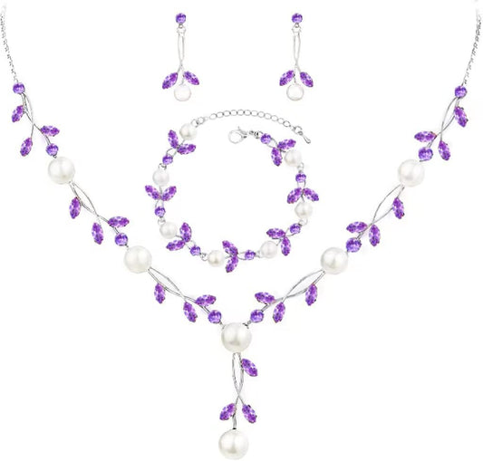 Luxury Cubic Zirconia Aurtrian Crystal Pearl Floral Necklace Dangle Earrings Wedding Bridal Jewelry Set Birthday Gifts for Her