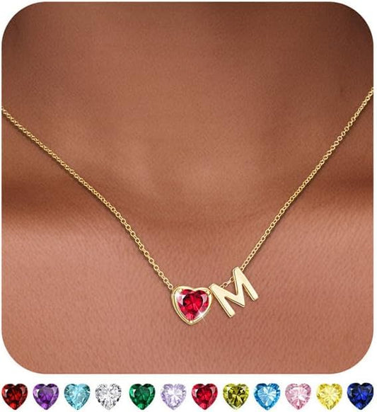 Heart Birthstone Initial Necklace for Women Girls,14K Gold Plated Heart Letter A-Z Necklace Dainty Birthday Trendy Jewelry Gifts for Women Girls Daughter