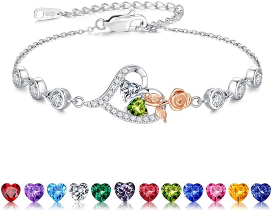 Iefil Christmas Gifts for Women - Birthstone Bracelet for Women, 925 Sterling Silver Rose Heart Charm Bracelets, Anniversary Birthday Gifts for Women Wife Mom Daughter, 6"+2"