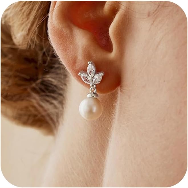 SELSHE Dangle Earrings for Women, 14k Gold Plated Pearl Drop Earring Dainty Gold Earrings for Women Trendy Cute Prom Bridal Earring Long Wedding Pearl Earring Formal Jewelry