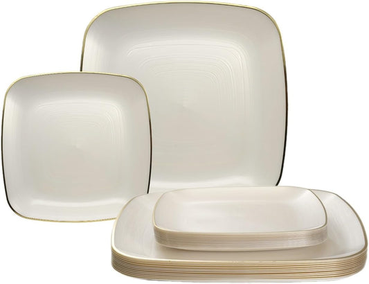 " OCCASIONS " 50 Plates Pack (25 Guests)-Wedding Party Disposable Plastic Plate Set -25 x 10'' Dinner + 25 x 7'' Salad & Dessert plates (Belize Square in Ivory & Gold)