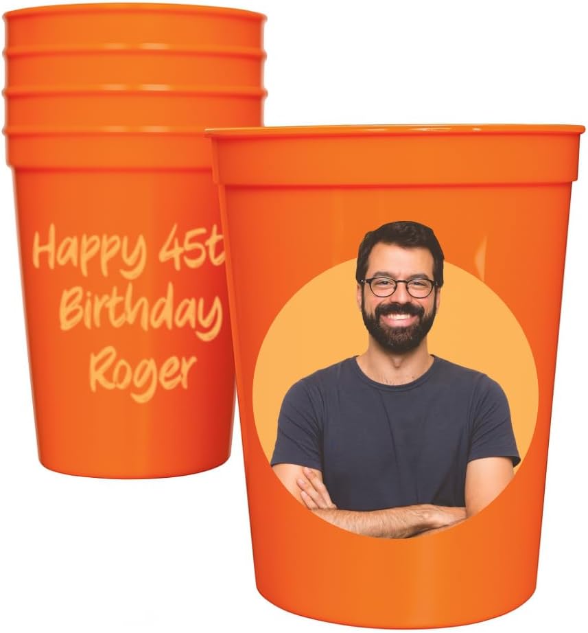 Custom Birthday Cups with Photo – Personalized 16 oz Plastic Cups with Text – Printed on Cup – Choose Cup Color, Text Color, Quantity and More – Party Favor for Birthdays & Events (Circle Backdrop)