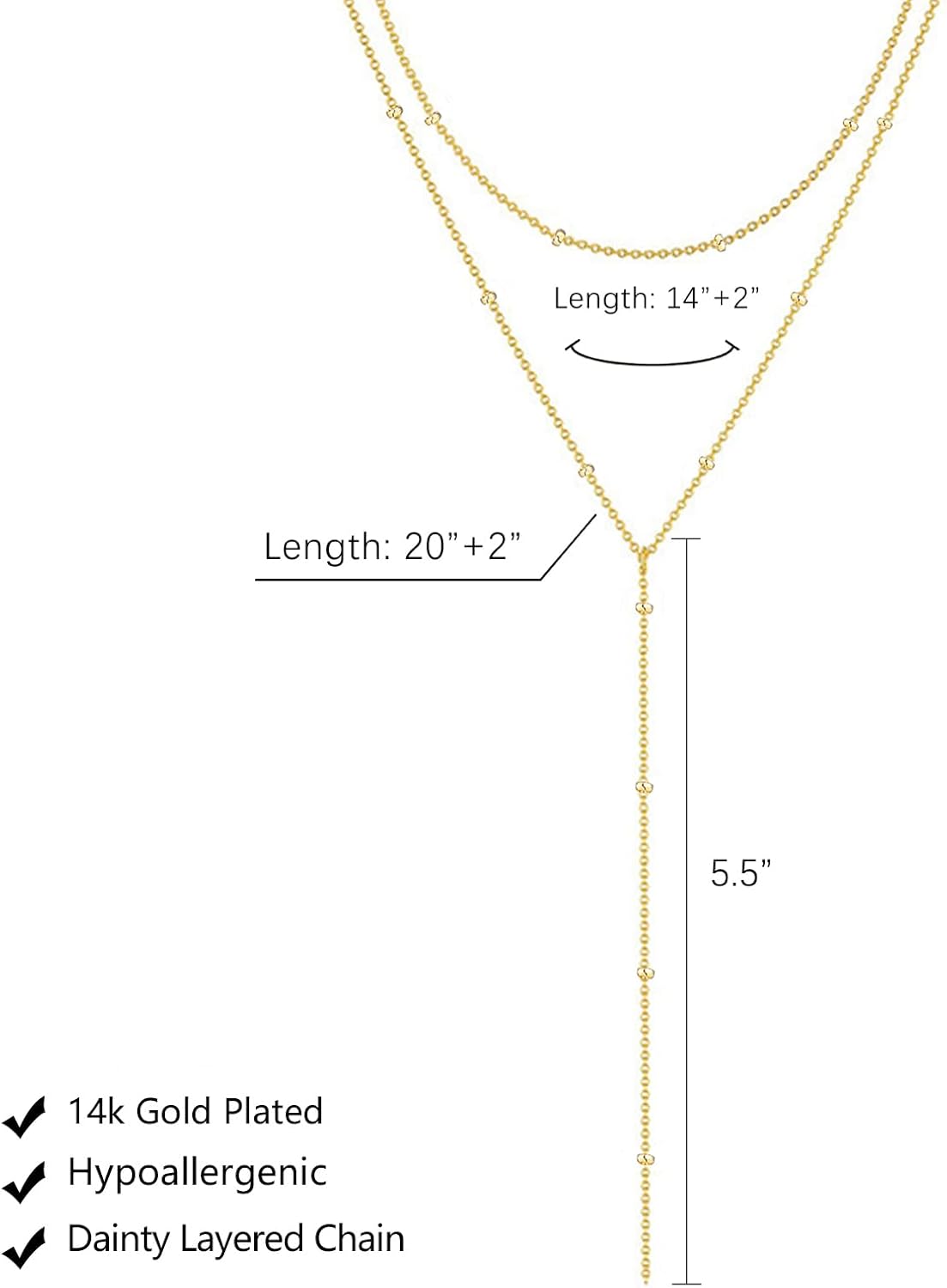 Lariat Gold Necklace for Women, Dainty Long Necklace 14k Gold Plated/Silver Y-Shaped Layered Beaded Chain Drop Necklaces for Women Trendy Simple Gold Jewelry for Women Gifts