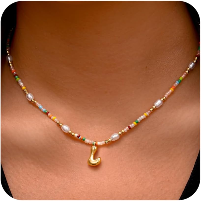 Ritach Initial Necklaces for Women Girls - Christmas Gifts for Grandkids Light Colorful Beaded Pearl Initial Necklace Gold/Silver Bubble Pendant Letter Necklace Stocking Stuffers for Teen Girls Women
