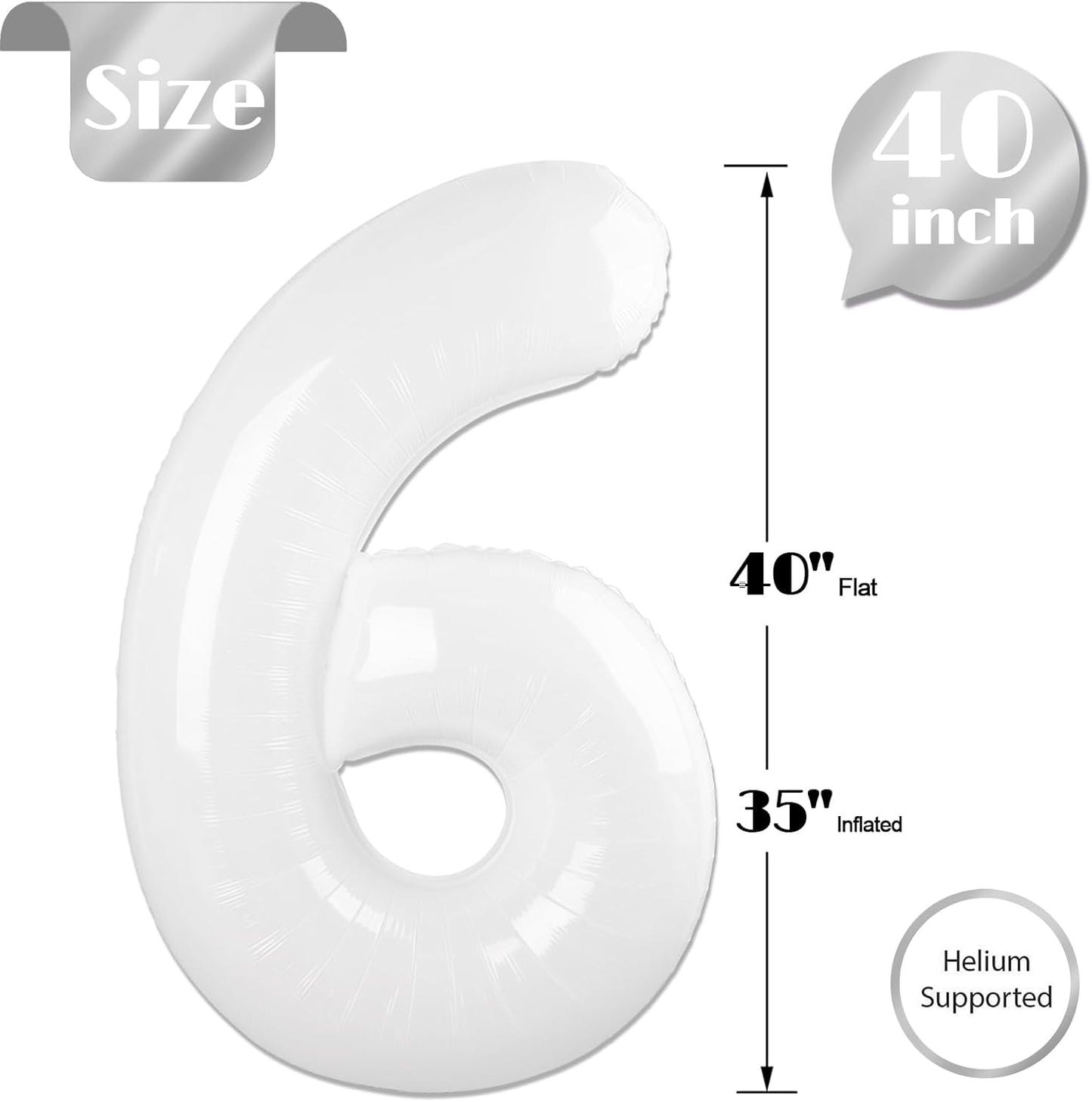 White Number 6 Balloon 40 Inch, 6th Birthday Party Decorations for Children, Giant 6 Foil Balloon for Party Supplies