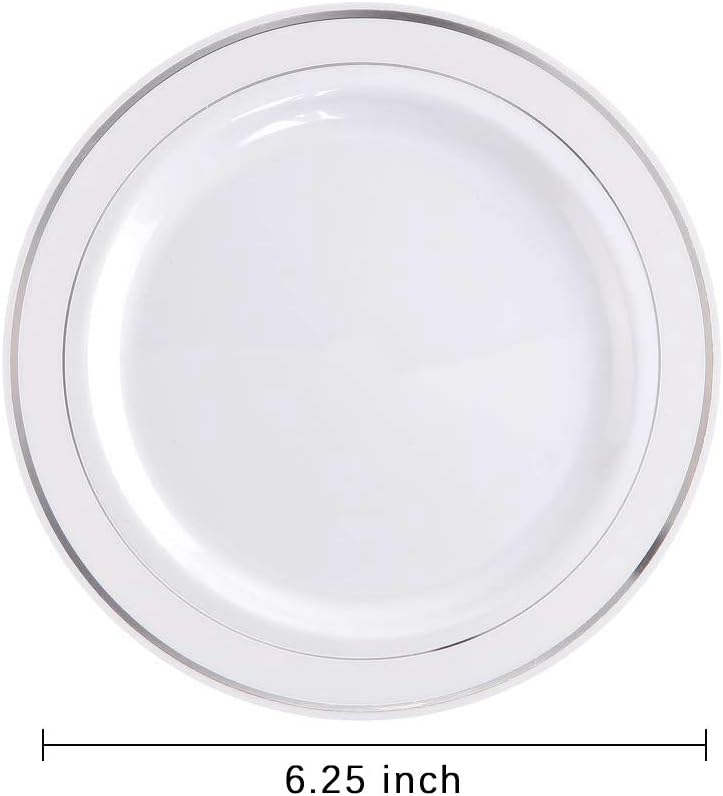 bUCLA 100Pieces Silver Plastic Plates - 6.25inch White with Silver Rim Disposable Salad/Dessert/Appetizer/Small Cake Plates for Weddings, Christmas, Parties&Gathering