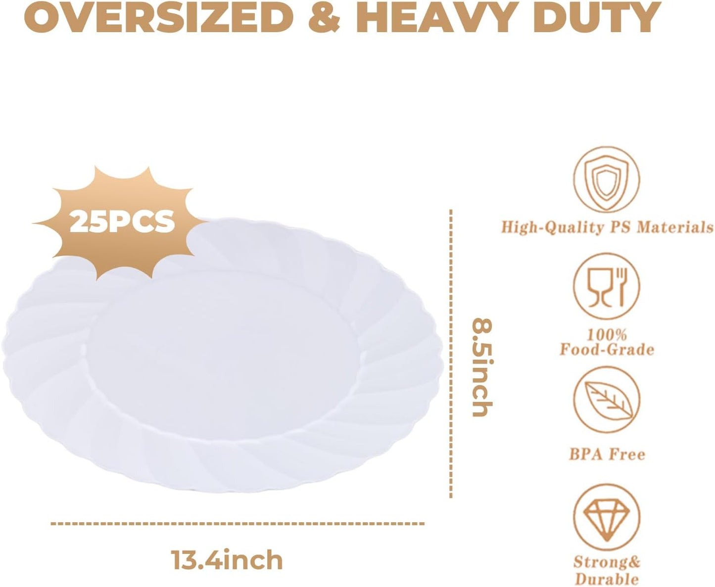 U-QE 25 Count Oval White Plastic Plates - 13.4 inch Large Disposable Plates Heavy Duty, Ideal for Party, BBQ, Picnic and Weddings