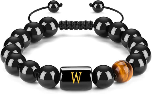 FRG Initials Bracelets for Men Letter Link Handmade Natural Black Onyx Tiger Eye Stone Beads Braided Rope Meaningful Bracelet