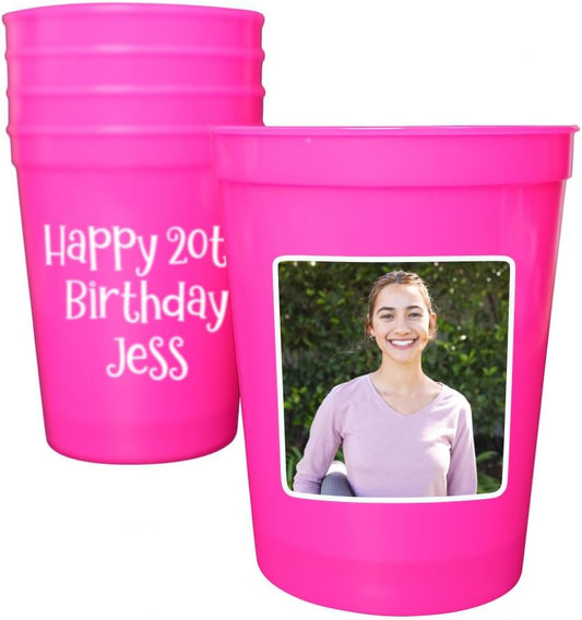 Custom Stadium Cups with Photo – Personalized 16oz Cups with Text – Printed Directly on Cup – Choose Cup Color, Text Color, Quantity and More – Party Favor for Birthdays & Events (Classic)