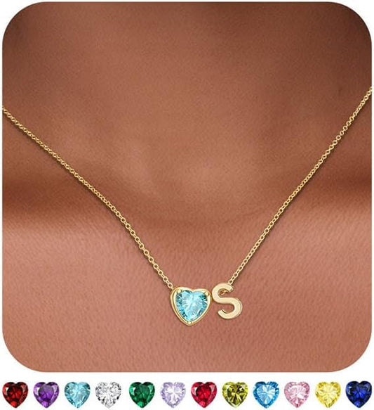 Heart Birthstone Initial Necklace for Women Girls,14K Gold Plated Heart Letter A-Z Necklace Dainty Birthday Trendy Jewelry Gifts for Women Girls Daughter