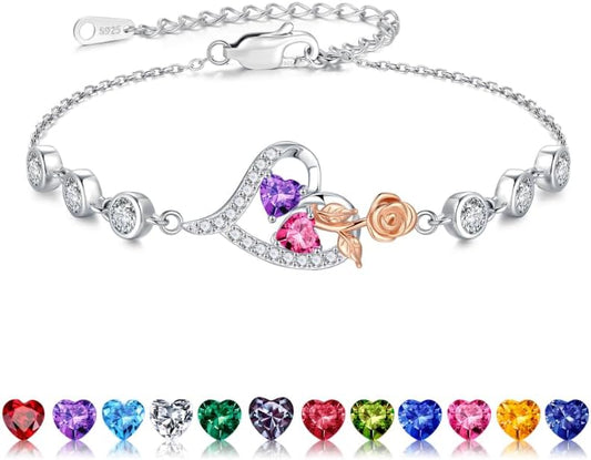 Iefil Christmas Gifts for Women - Birthstone Bracelet for Women, 925 Sterling Silver Rose Heart Charm Bracelets, Anniversary Birthday Gifts for Women Wife Mom Daughter, 6"+2"