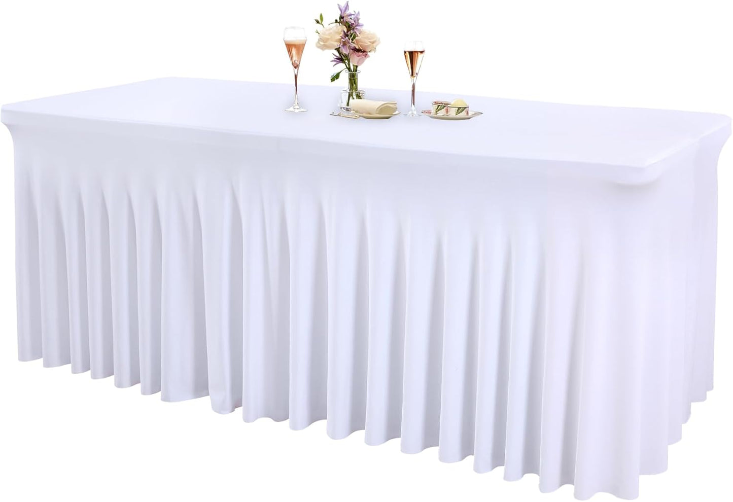 1 Pack White Table Clothes for 6 Foot Rectangle Tables, One-Piece Wrinkle Resistant Stretch Spandex Table Covers with Skirt for Event Banquet Wedding Birthday Party