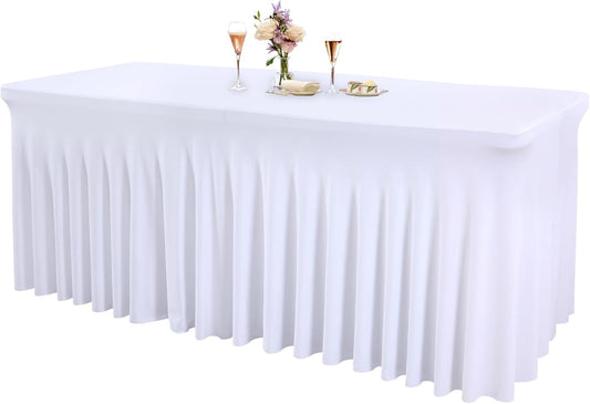 1 Pack White Table Clothes for 8 Foot Rectangle Tables, One-Piece Wrinkle Resistant Stretch Spandex Table Covers with Skirt for Event Banquet Wedding Birthday Party